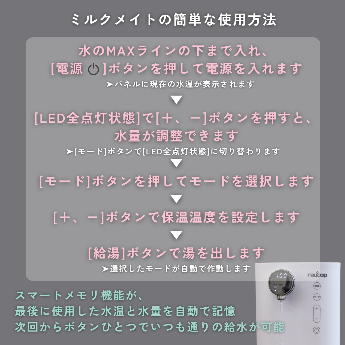 【クーポンで20％OFF】レイコップ ミルクメイト（RAYCOP MILKMATE） ROM-100JPWH　電気ポット兼調乳ポット　定温定量給水 (campaign202503)